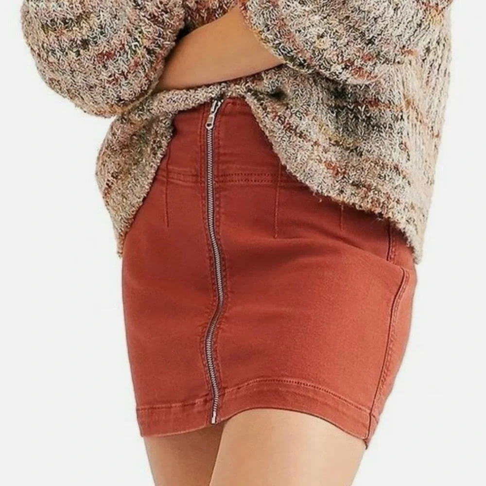 Free People We The Free Virgo Zip-Front Denim Mini Skirt Stretch Rust Orange 24